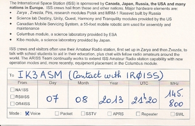 QSL per il primo QSO con IR0ISS 07.08.2013 - Retro
