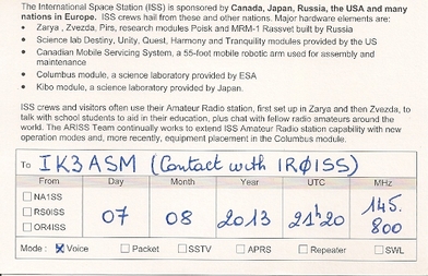 QSL per il primo QSO con IR0ISS 07.08.2013 - Retro